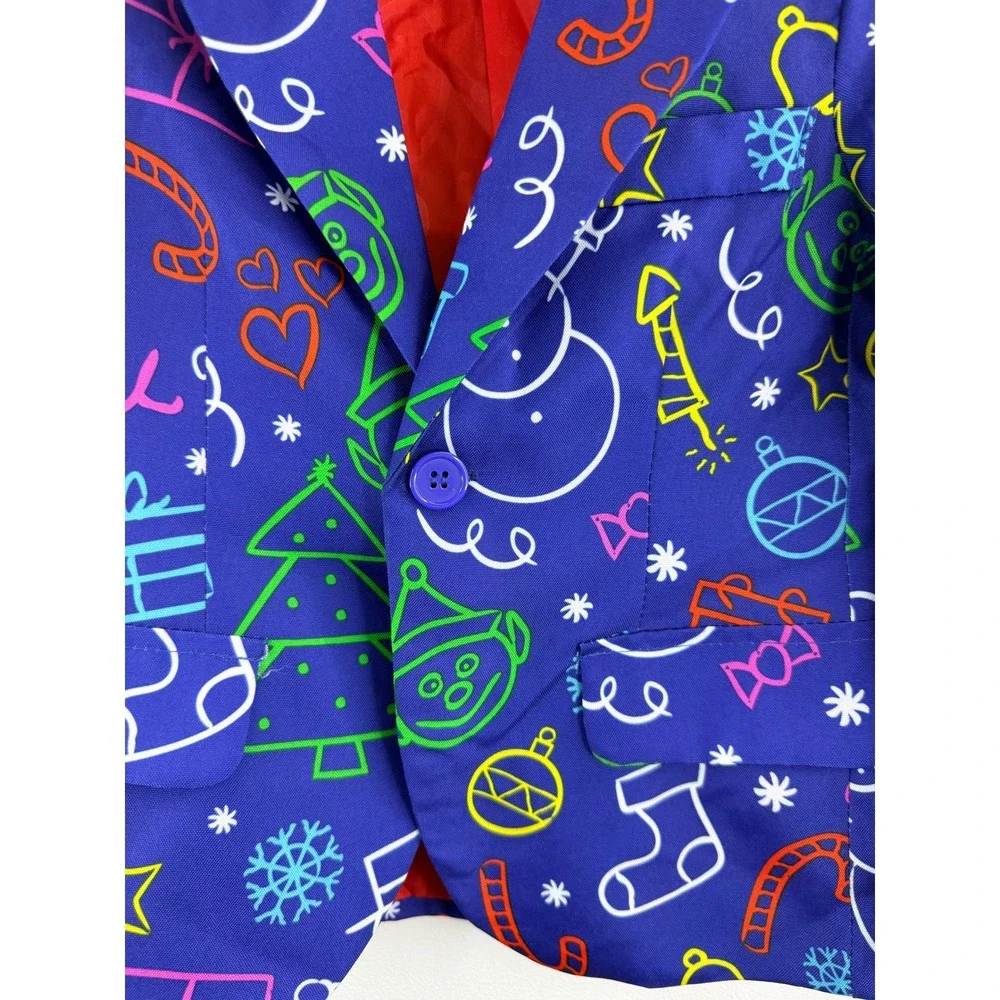 Suitmeister Kids Christmas Blazer Blue Neon Doodle Holiday Jacket Size S‎ 4-6Y